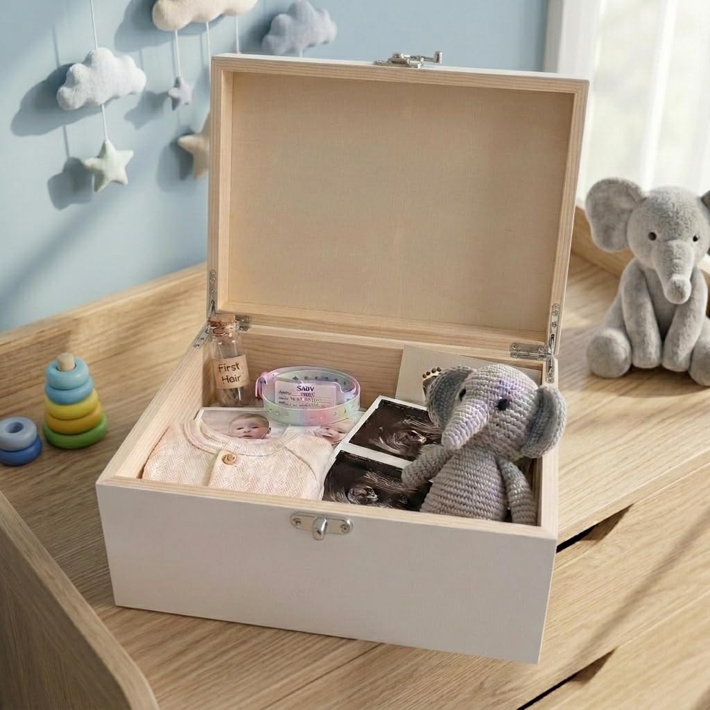 Caja de recuerdos de madera blanca personalizada con guirnalda azul para recién nacido, 27 x 19 x 14 cm