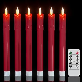 DRomance Dripping Flameless Taper Candles Flickering with Remote and Timer Battery Operated LED Taper Candle Real Wax 3D Wick Dinner Wedding Christmas Holiday Indoor Decor(6 Pack Red, 0.78" x 9.7")