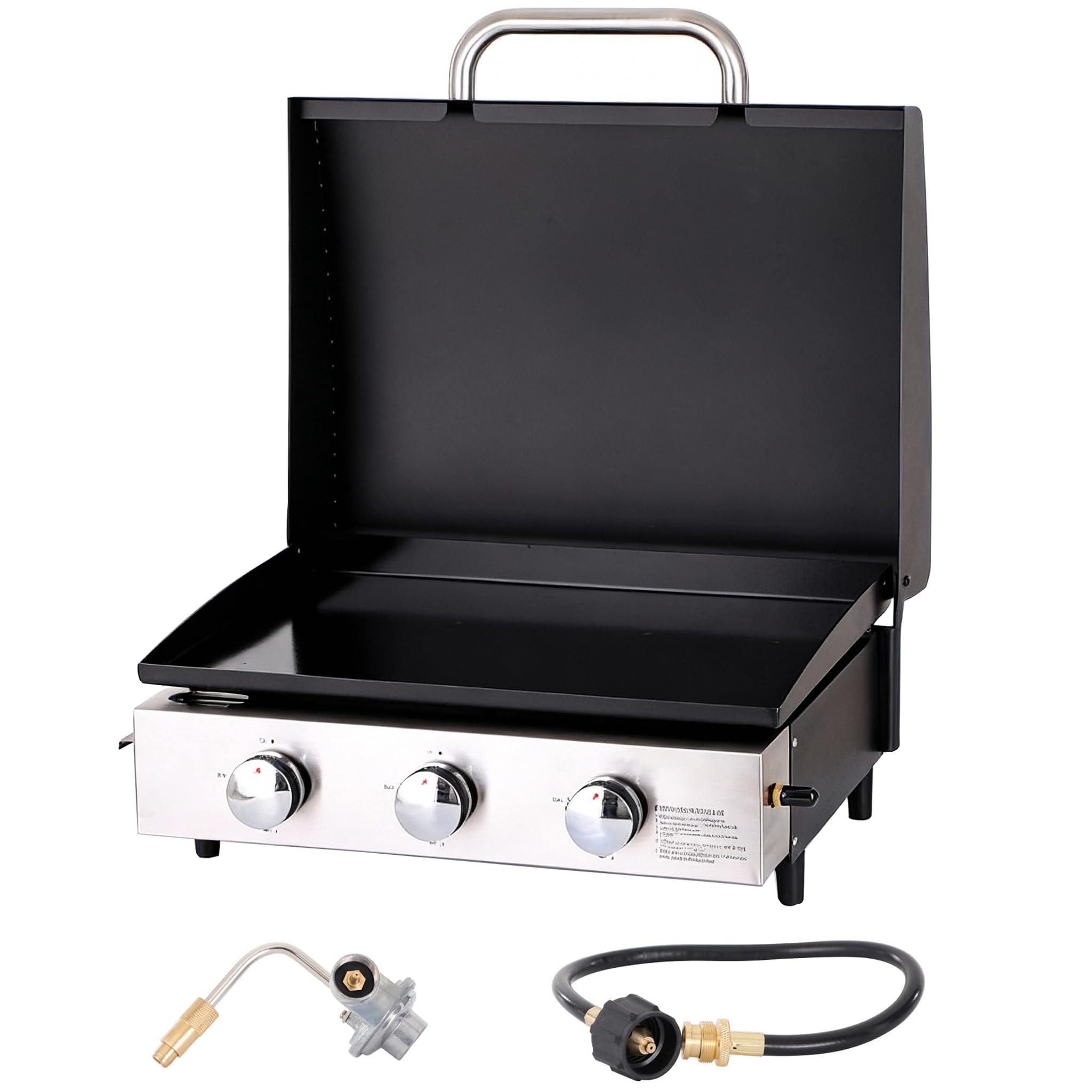 Sophia & William 22" Flat Top Grill with Lid & Ceramic Coated Cast Iron Pan, 3-Burner Portable Tabletop Gas Propane Griddle for Outdoor, BBQ, Camping & Tailgating Barbecue, 24,000 BTU
