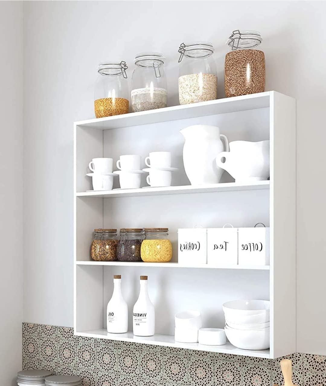 Duadecor Wooden Kitchen Rack Shelf | 3 Tier Multipurpose Wood Wall Mounted Kitchen Wall Hanging Shelves | Kitchen Storage Spice Rack | Bathroom Organizer Wall Stand (White)-image-22
