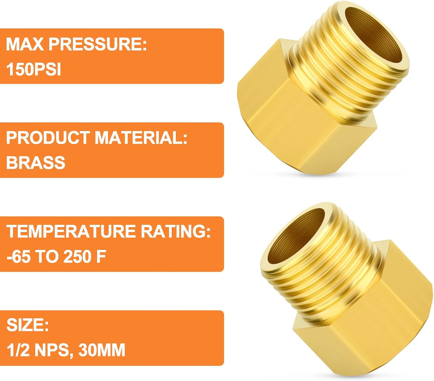 GASHER 5PCS 30mm Extension Brass Pipe Fitting, 1/2" Female to 1/2" Male Pipe Hex Bushing Adapter Converter Adapter image 5