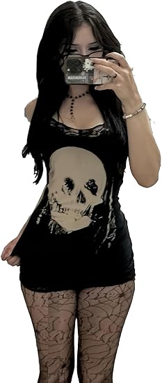 Gothic Skull Print Tank Dress, Black, Lace Trim, Fitted Style