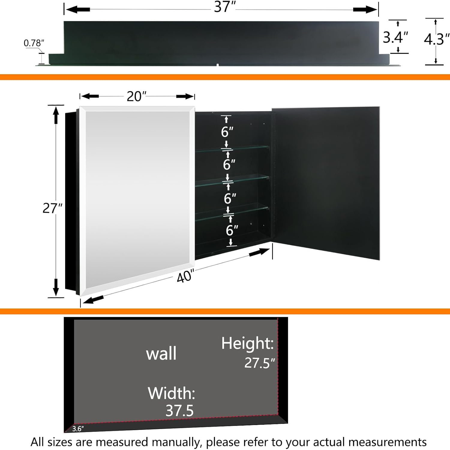 40 ”x 30”Black Bathroom Medicine Cabinets with Mirror Recessed or Surface Wall-Mounted Framed Beveled Mirror with Soft Close Hinge, 2 Doors Modern Bathroom Mirror with Storage