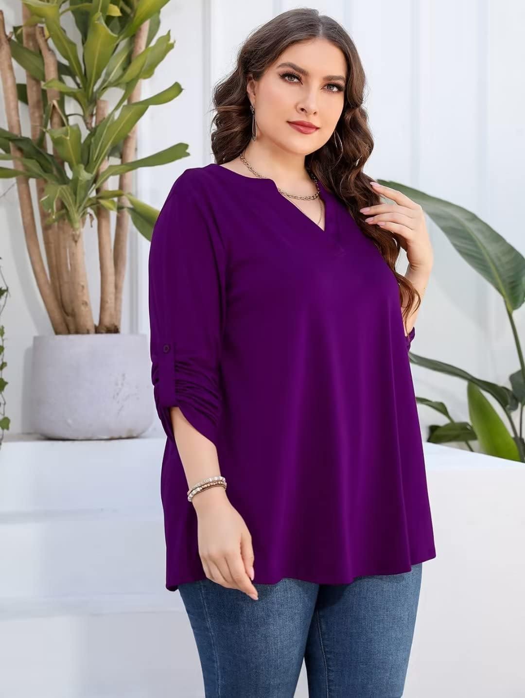 AMCLOS Womens Plus Size Tops V Neck Shirts Casual Blouses 3/4 Roll up Long Sleeve (Purple,3XL) - Image 3