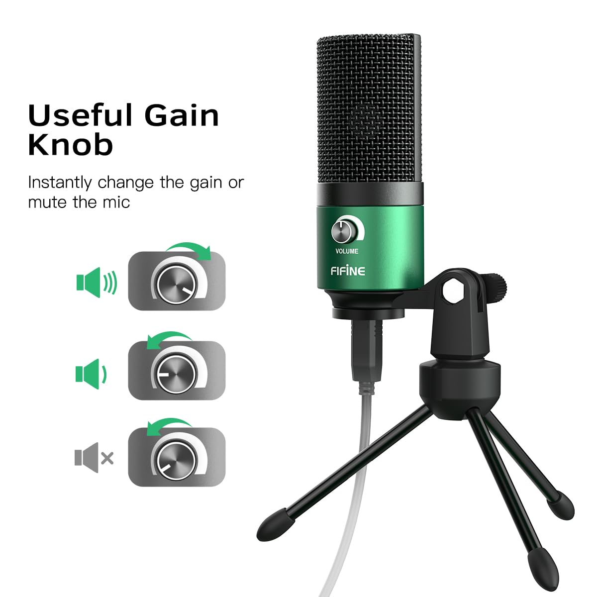 FIFINE K669G Microphone de jeu USB pour PC de bureau, PS4 et Mac, contrôle du gain, microphone d'ordinateur à condensateur externe pour streaming, podcasting, Twitch, Discord, Vert