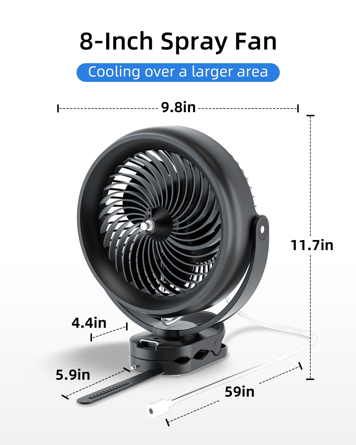 ATEngeus Ventilador de niebla de 8 pulgadas con clip, ventilador de clip de 20000 mAh, 3 velocidades, 3 modos de niebla, gancho, correa de silicona, tiempo de funcionamiento máximo de 90 horas para