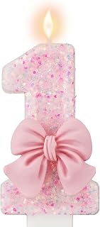 HIBILDER Pink Number 1 Birthday Candle, Girl 1st ​Birthday Party Pink Theme Decorations Supplies, 3D Bow Designed Glitter Pink Number Candles for Birthday Cake Topper Decorations (1 Candle Pink)