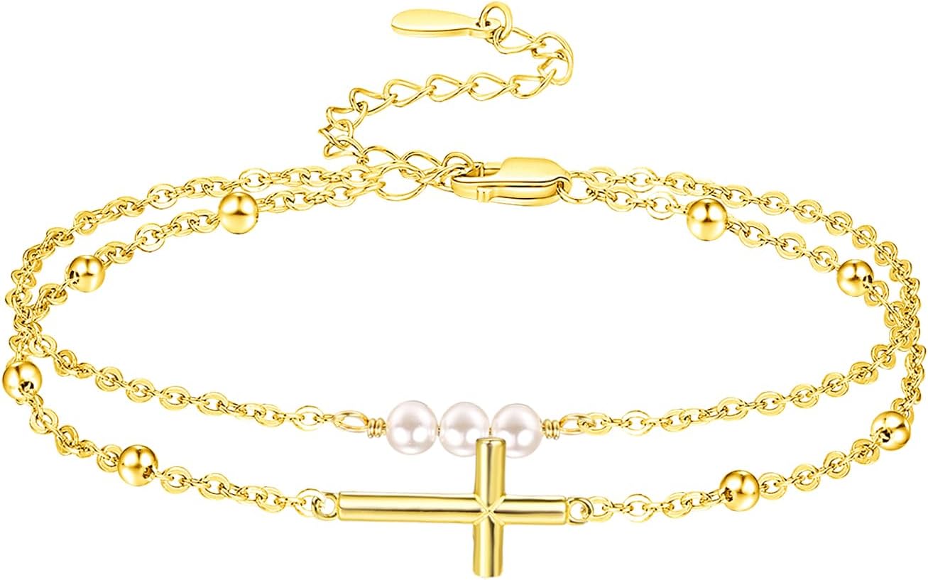 Palpitate Cross Anklet for Women Pearl Cross Ankle Bracelets 14K Gold Plated Adjustable Layered Foot Bead Chain for Women Beach Jewelry Christmas Gifts