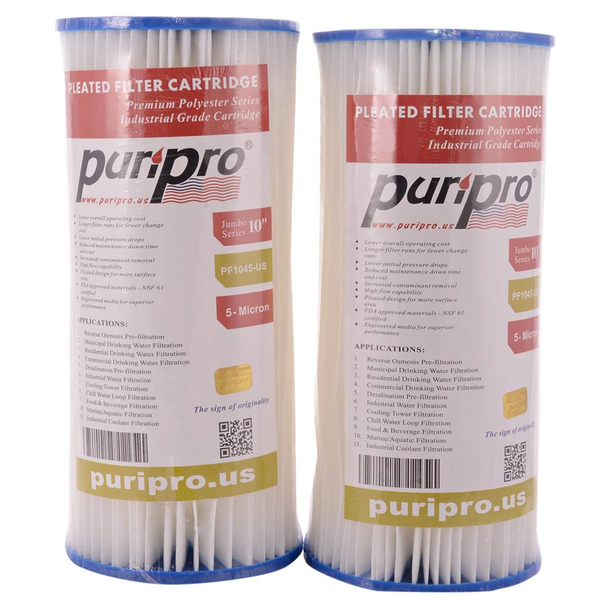 Puri Pro Pleated Cartridge Filter 10" x 4.5" - 5 Micron, Pack of 2