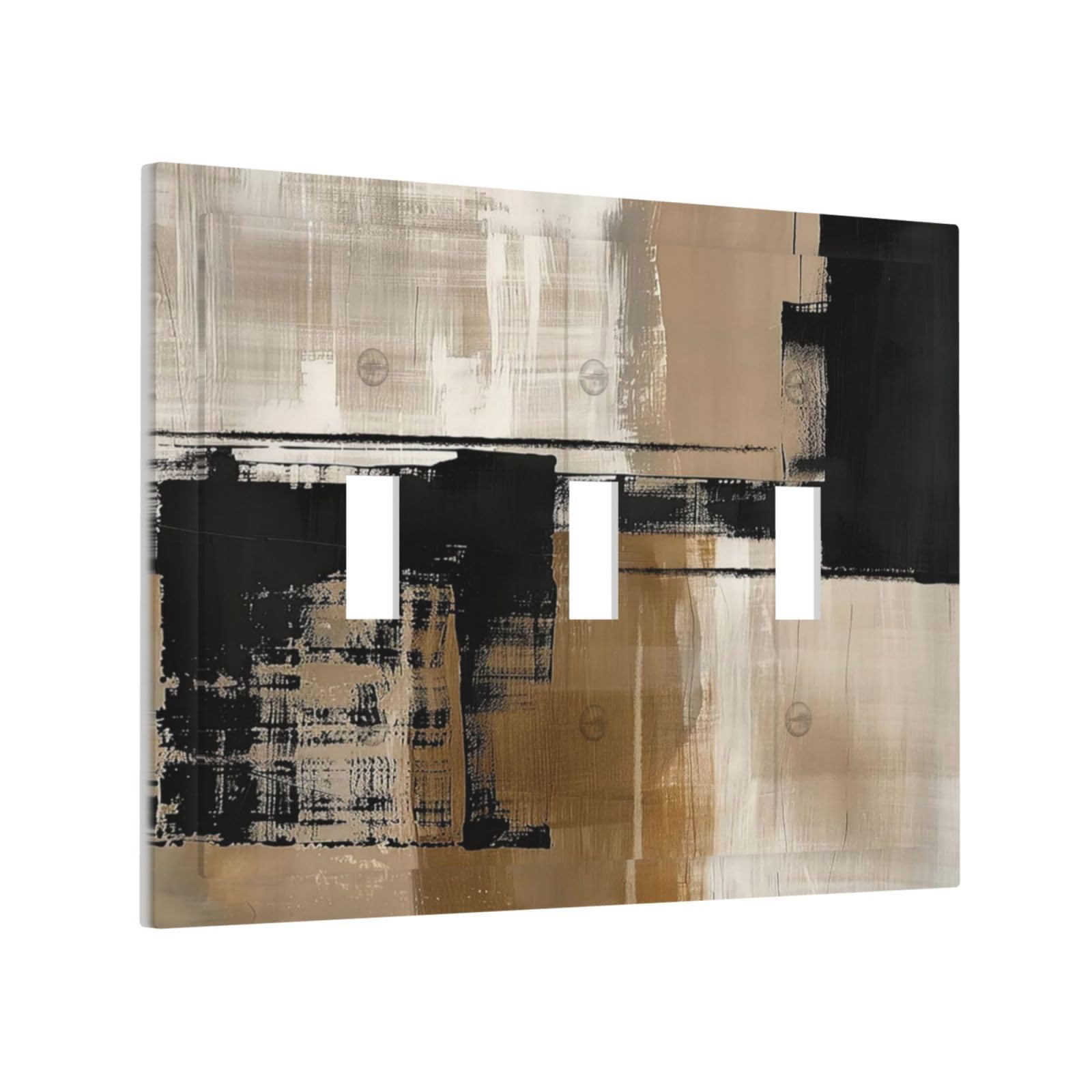 Abstract Minimalist Modern Black Tan Neutral Art 3 Gang Light Switch Covers Decorative Triple Toggle Wall Plate 3 Hole Electrical Device Switchplate