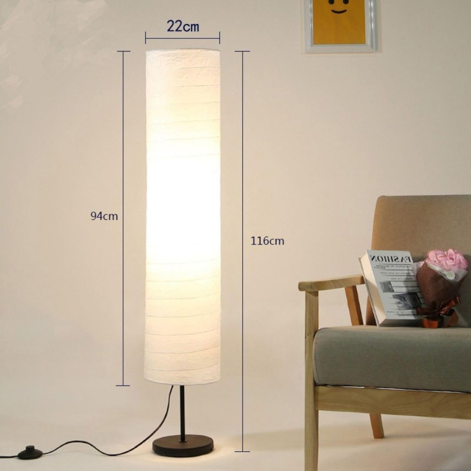 Lámpara de Suelo de Papel de 46 Pulgadas con Bombilla LED de 9W 3 Temperaturas de Color, Base de Acero Inoxidable y Interruptor de Pie Encendido/Apagado, Color Blanco