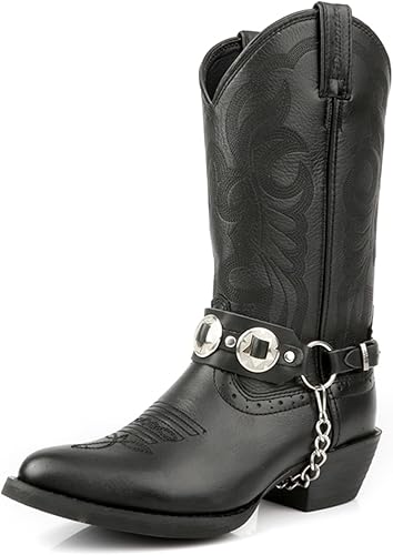 Botas vaqueras para hombre, botas de tacón grueso bloqueado con correa Chonco cosidas, botas occidentales cerradas, punta redonda, botas bordadas a