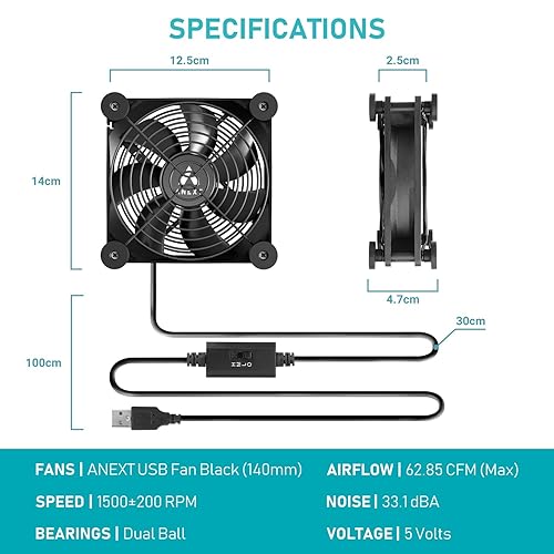 Miniatura 6 de Ventilador de computadora USB de 5.512 in negro, ventilador de 5.512 in, ventilador silencioso para receptor DVR Playstation Xbox Computer Cabinet