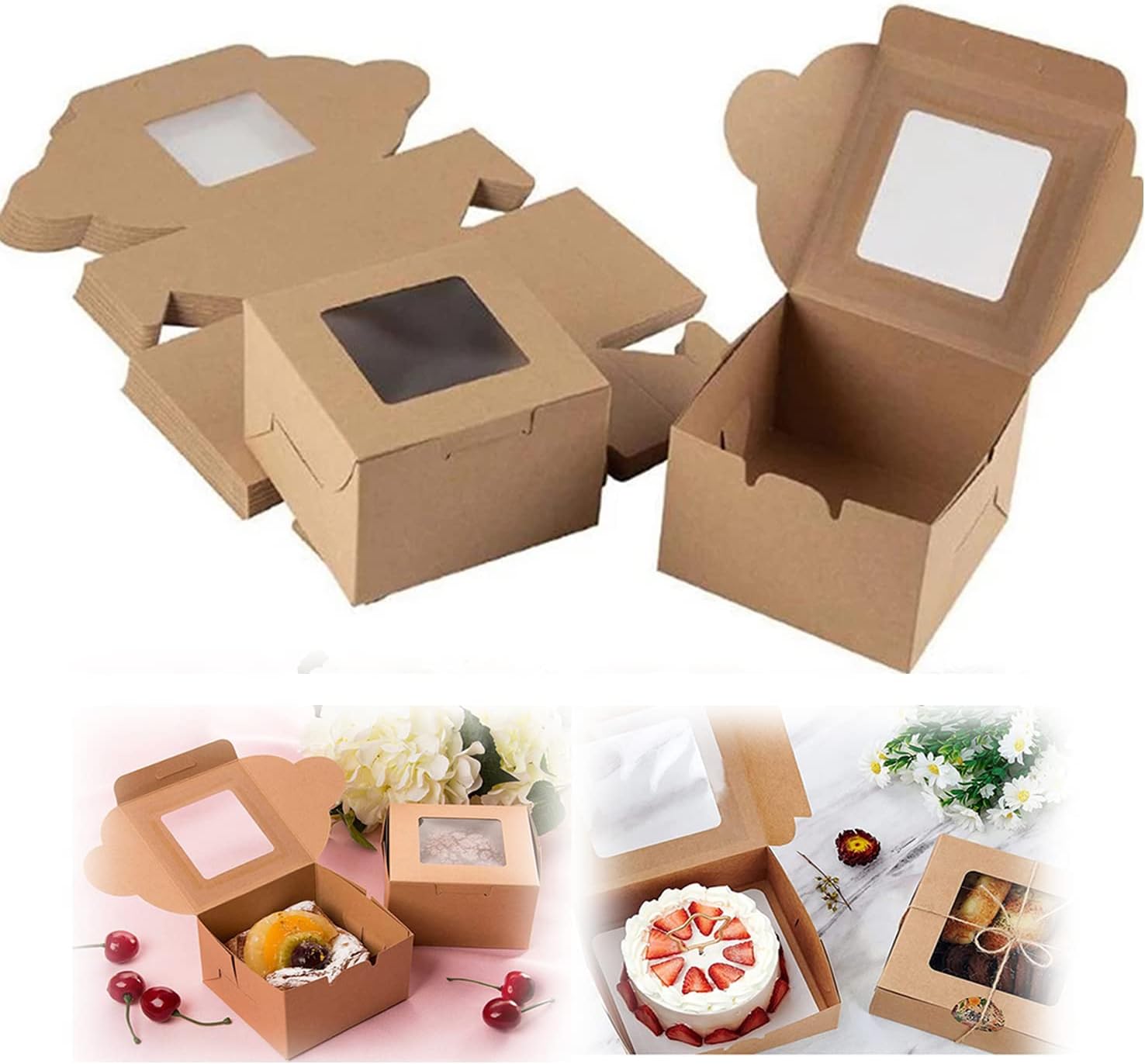 KASTWAVE Bakery Boxes 4x4x2.5 Inches, 10 Pack Small Brown Cake Box Small Kraft Cookie Boxes with Window for Cupcakes, Pies, Donuts