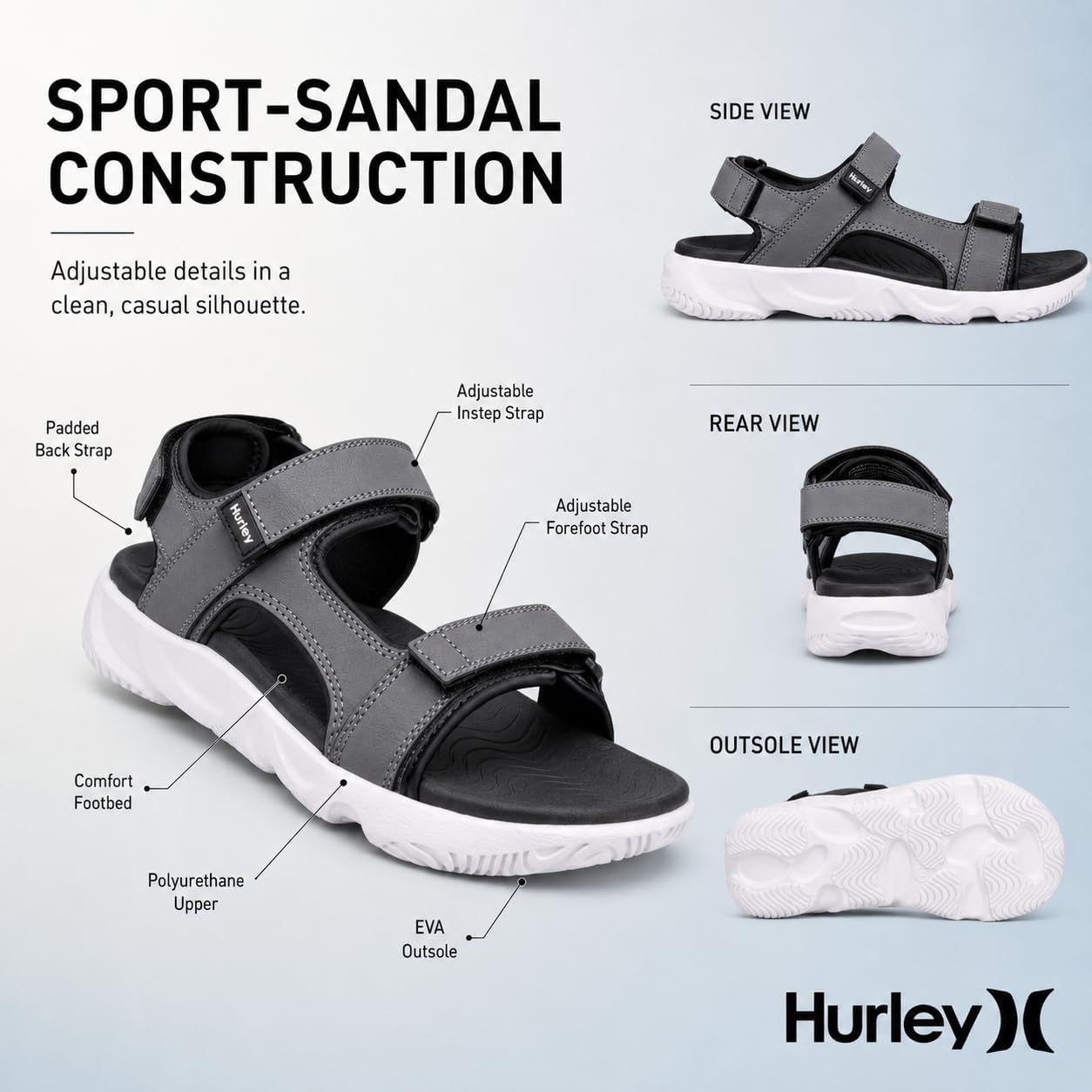 Hurley Men’s Strap Sandals, Adjustable Casual Comfort Sandals for Men, Lightweight EVA Outdoor Beach Summer Sandals with Padded Back Strap (Gray, US Footwear Size System, Adult, Men, Numeric, Medium, 11)