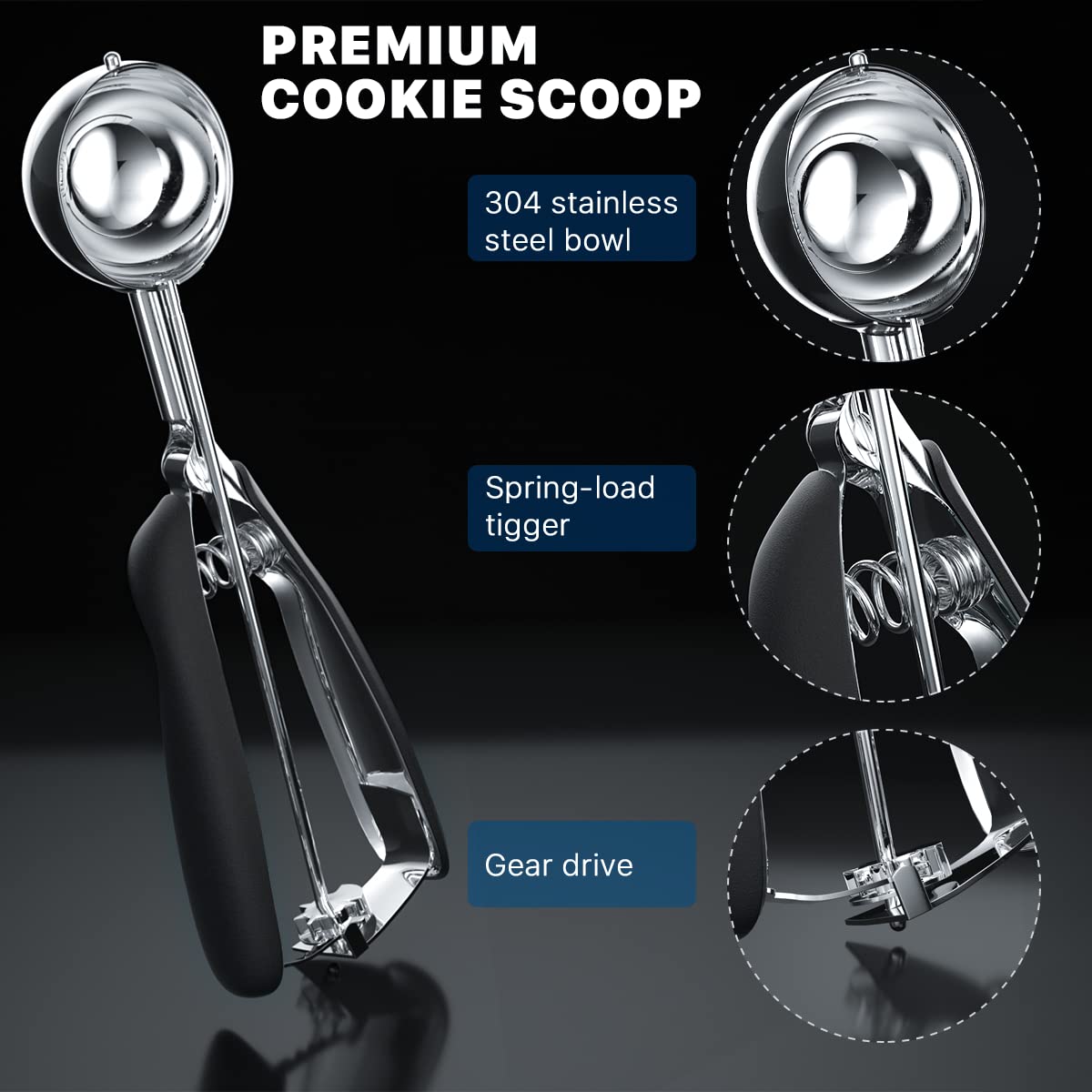 Cookie Scoop Set, 3Pcs Ice Cream Scoopers, 18/8 Stainless Steel Cookie Dough Scoop with Trigger Release - Image 3