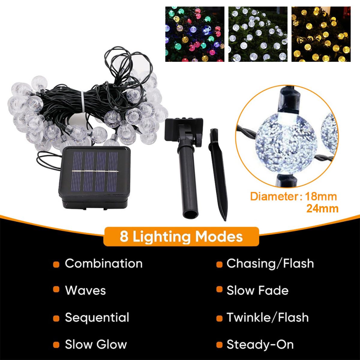 Catena di Luci Solari per Esterno, Catena Luminosa Solare a Sfera di Cristallo, 8 Modalità di Illuminazione Impermeabile IP65 per Giardino Patio Terrazze (24 mm Bianco,22M 200LED)