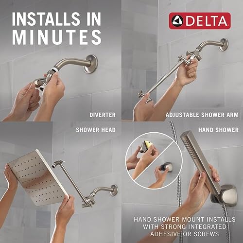 Miniatura 5 de Delta Faucet Cabezal de ducha Raincan de 10 pulgadas y ducha de mano, cabezal de ducha cuadrado de níquel cepillado, cabezal de ducha tipo lluvia,
