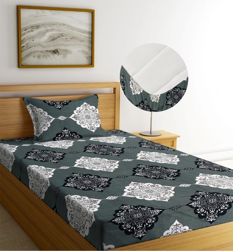 Image of la' amour 240 TC Cotton Fitted Single Bedsheet with 1 Pillow Cover | Elastic Bed Sheet | Soft Breathable Skin-Friendly Fabric | All Season Comfort | 36 x 72 + 6 Inches Emerald Crest