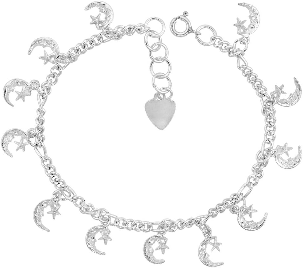 Sterling Silver Dangling Man in the Moon Anklet for Women 14mm Drops fits 9-10 inch ankles