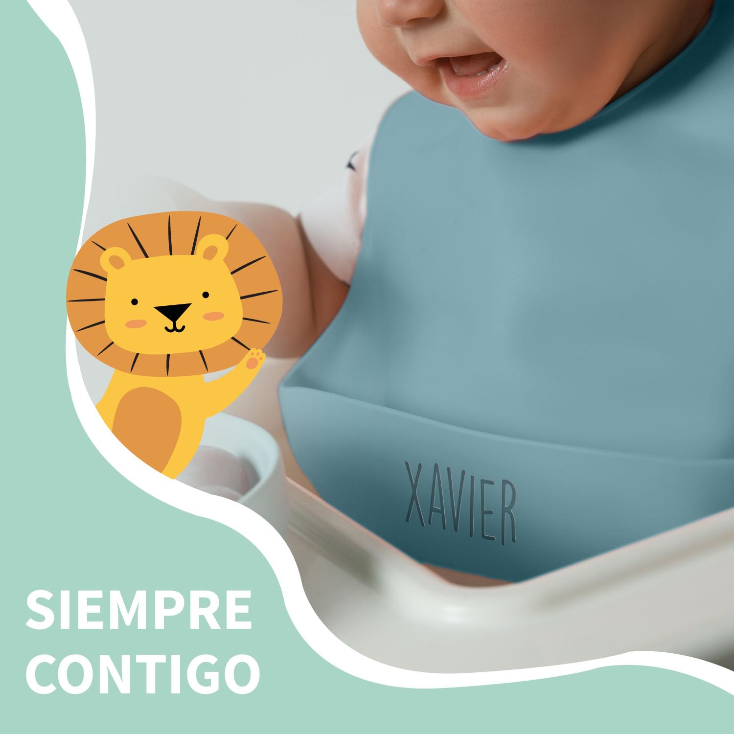 Babero de silicona para bebé con nombre grabado – Babero infantil lavable, impermeable y con bandeja receptora