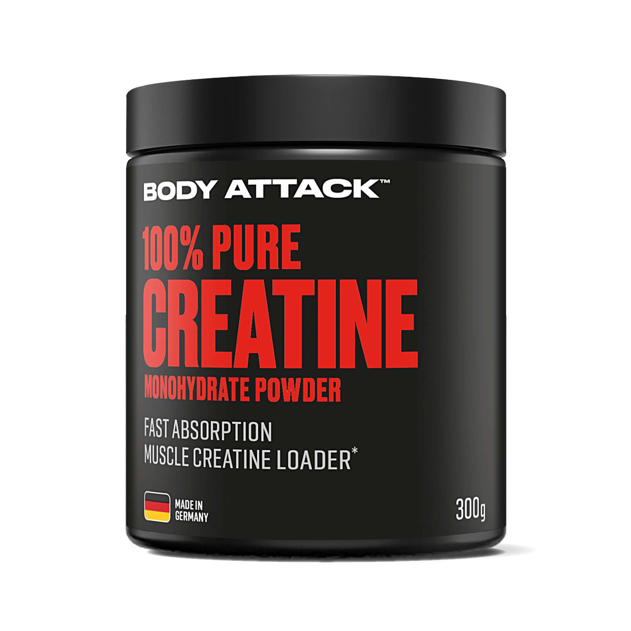 Body Attack 100% Pure Creatine - 300 g Pulver - Made in Germany - hochwertiges mikrofeines Creatin Monohydrat - Reines Kreatin Pulver zum Selbstdosieren - Vor/nach dem Training - gute Löslichkeit