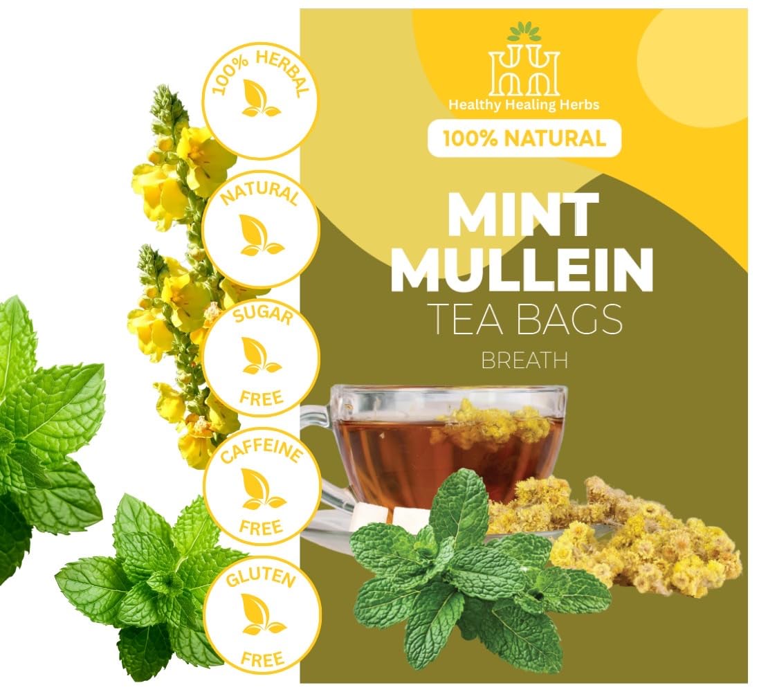 Healthy Healing Herbs Mint & Mullein Herbal Tea Bags –100 Count | Refreshing Mint Blend with Smooth Herbal Notes | Naturally Caffeine-Free Verbascum thapsus