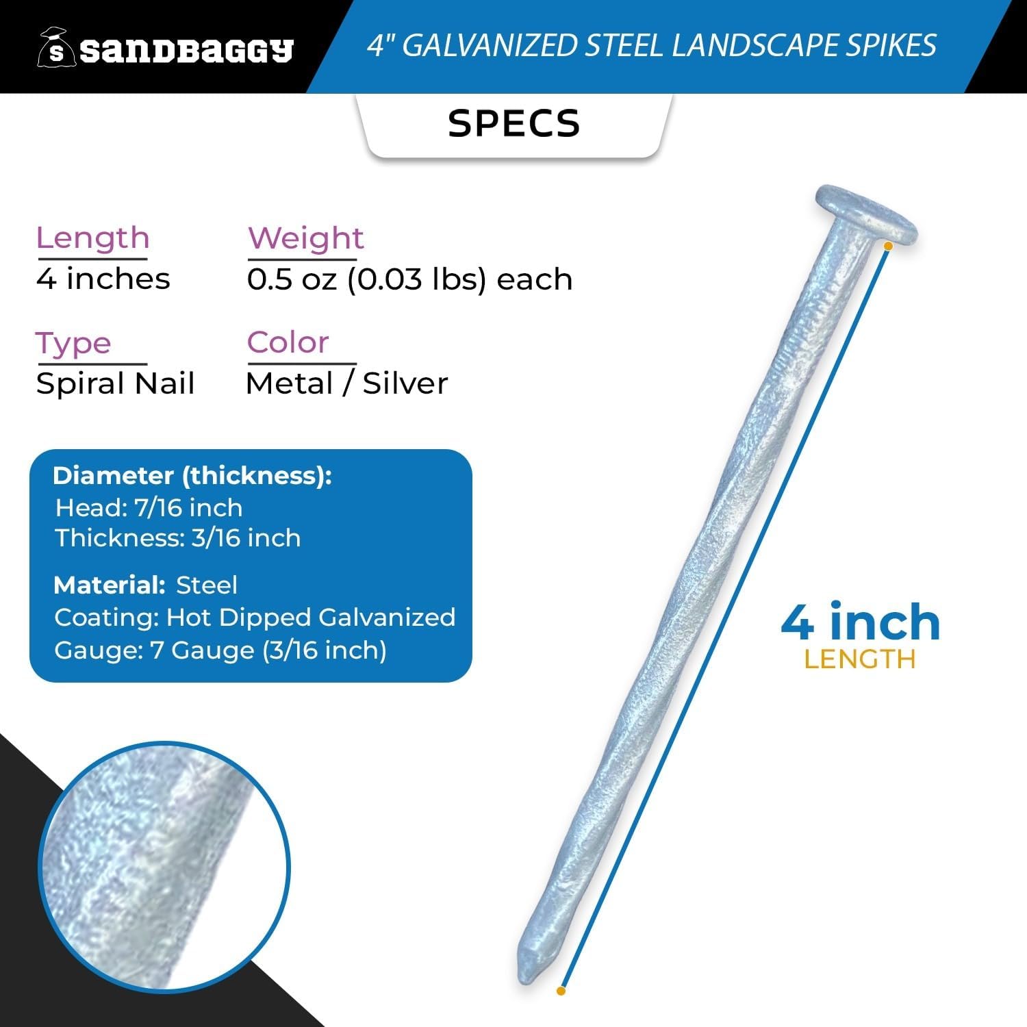 4 in. Galvanized Spiral Landscape Edging Spikes - 7 Gauge Steel (4 inch, 100, Count)