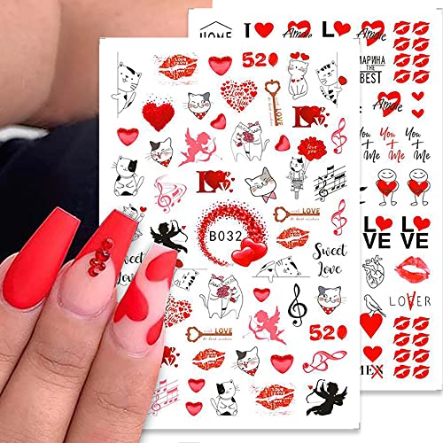 Valentine's Day Nail Art Stickers Heart Decals For Nails 3D Cartoon Heart Love Red Lips Angel Cupid Cat Nail Design Nail Decals Nail Supplies Pink Acrylic Nail Accessories For Nail Art 6 Sheets #TOP2