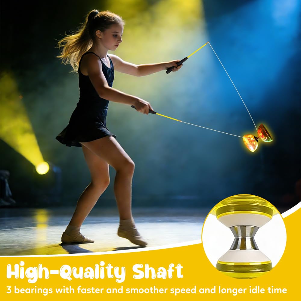 Diabolo Roulement à Billes, avec Roulements à Billes Triple, Diabolo Lumineux, avec Ficelle, Sac en Filet & 2 Bâtons, pour Adultes et Débutants