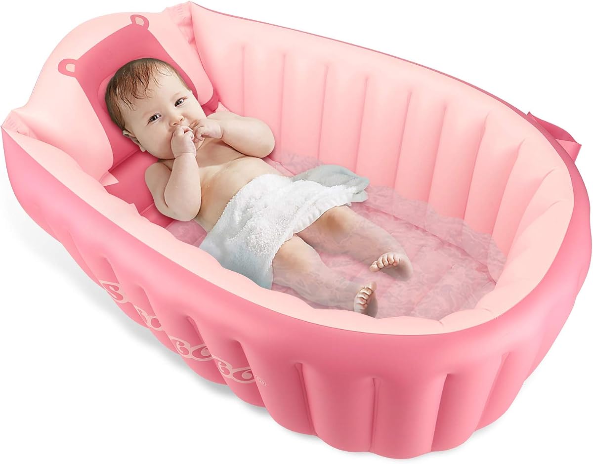 Inflatable Baby Bath Tub Portable Foldable Travel Mini Swimming Pool(Pink) | Helps Infants to Toddler Tub