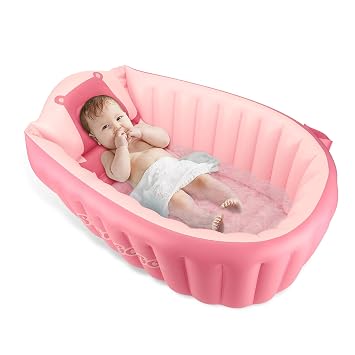 Inflatable Baby Bath Tub Portable Foldable Travel Mini Swimming Pool Helps Infants to Toddler Tub Pink