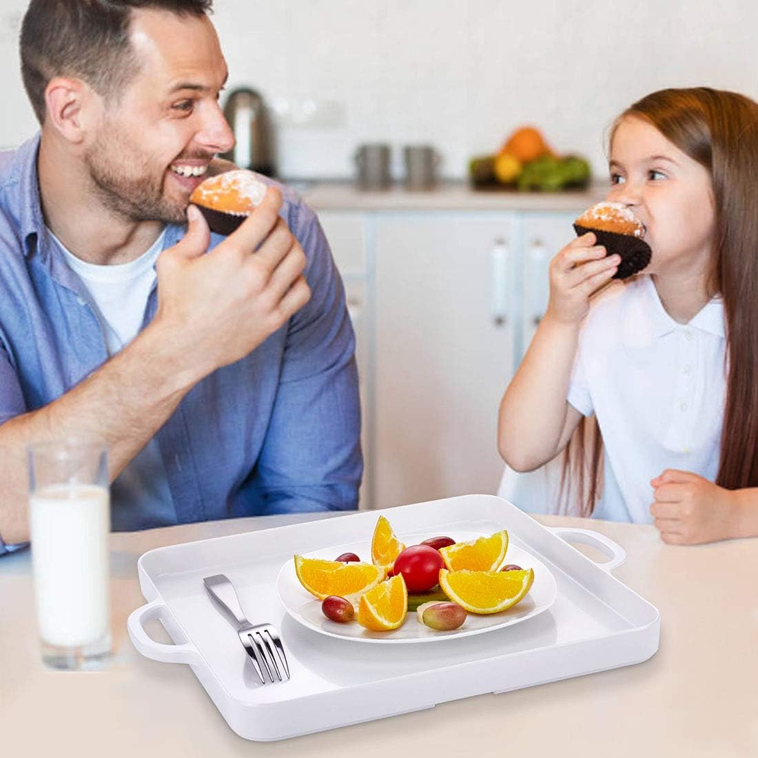 i BKGOO Foodservice White Plastic Tray with Handle Set of 2 Large Melamine Cube Serving Platters for Parties, Table, Kitchen Size(12.5"x12.5"x1")