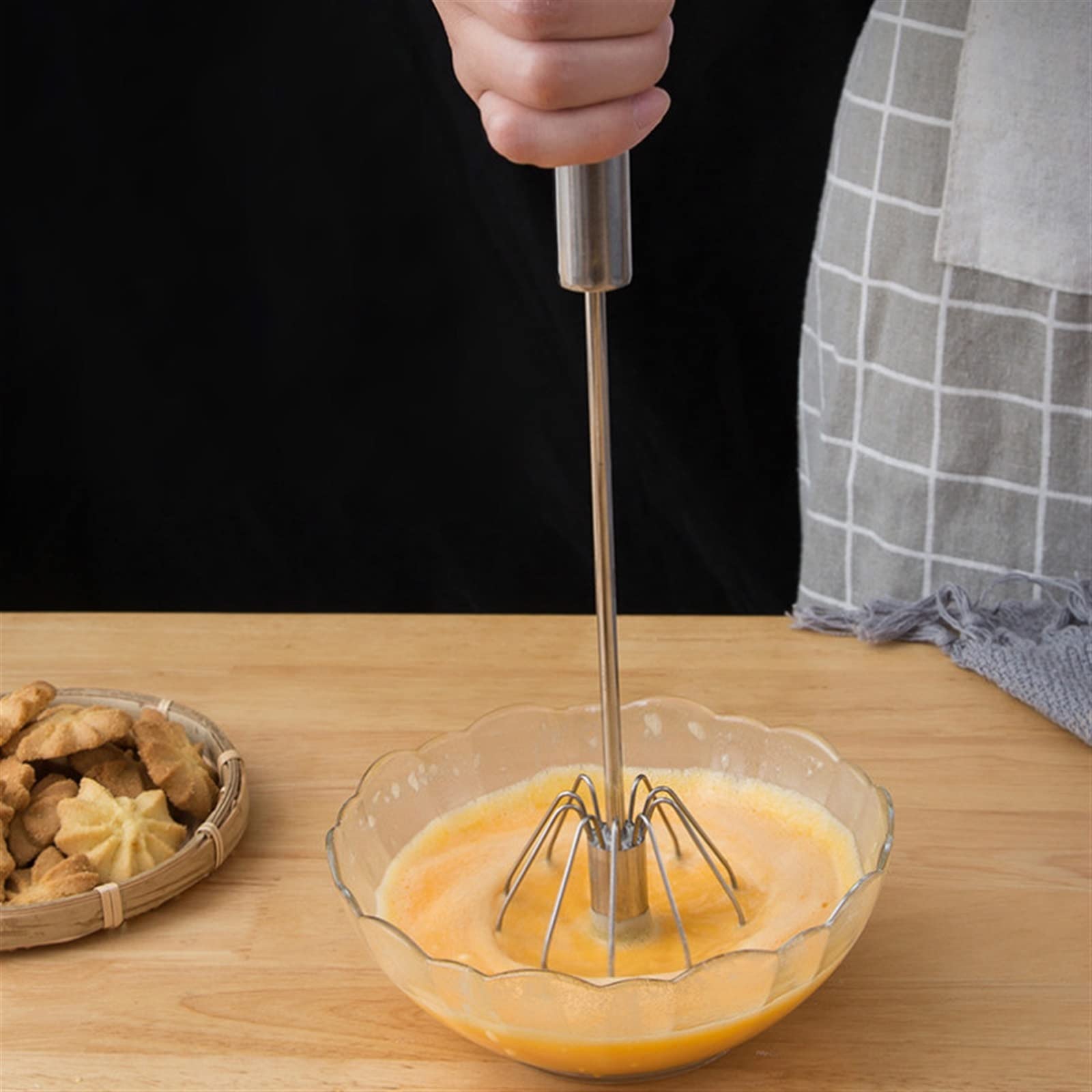 Batidor de cocina, batidor huevos semiautomático, batidora manual acero inoxidable 304, agitador giratorio automático, utensilios