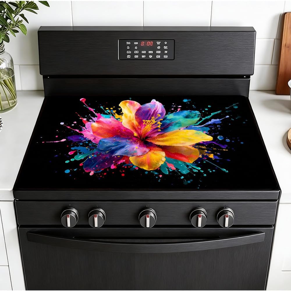 Bakery Stove Mat Cover Colorful Floral Art Design 28.35 x 20.47 Inch Decorative Gas Stove Top Cover for Electric Stove & Gas Stove Top Kitchen Protector