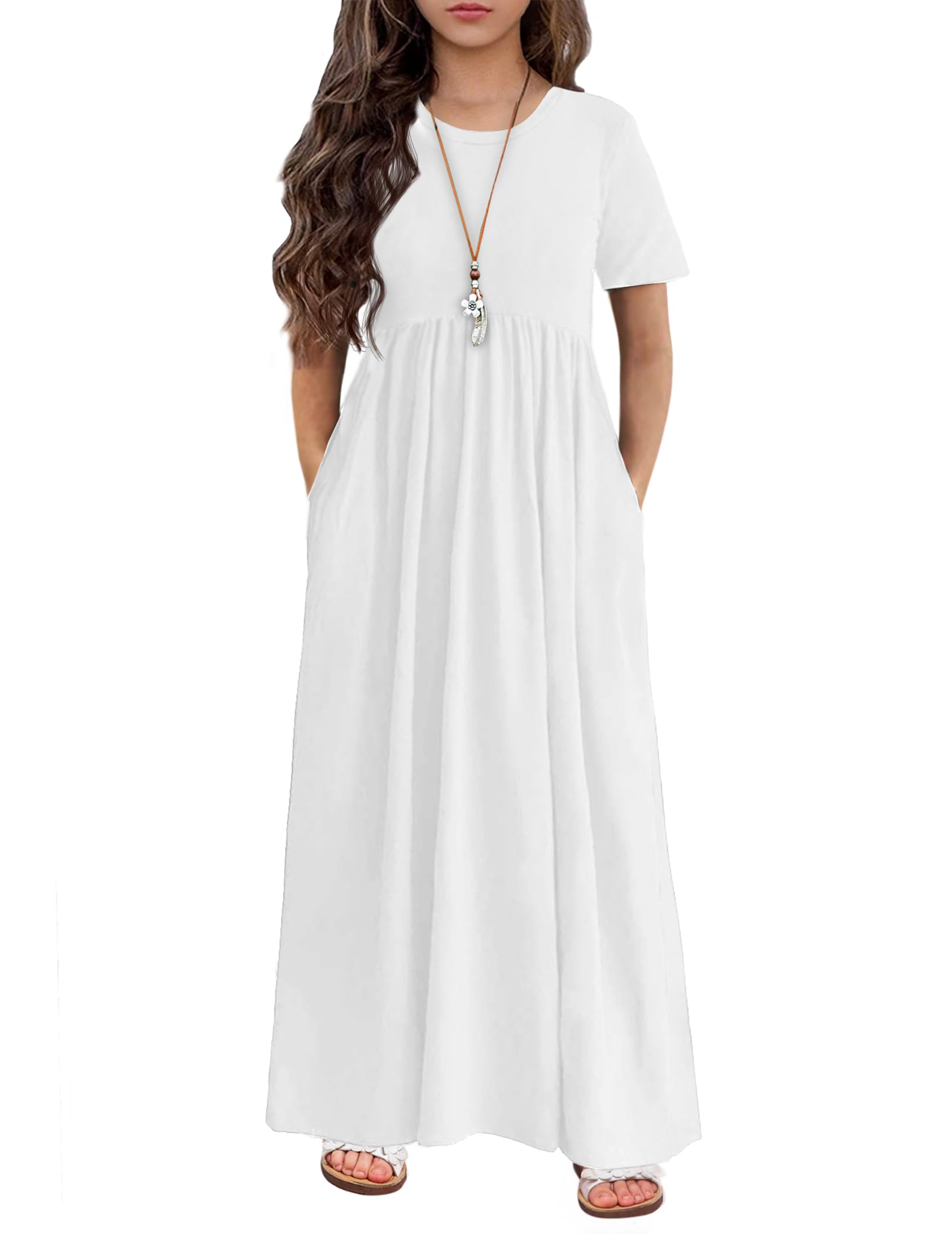 Arshiner Girls Maxi Dress Long/Short Sleeve Casual Holiday Dress with Pockets for 5-13 Years