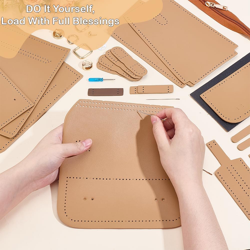 WEBEEDY DIY Leather Shoulder Bag Making Kit All Materials Leather Craft Purse Handbag Sewing Kit with Handles and Strap, DIY Your Own Handle Bag Purse for Summer Holiday Travel Gift, 7.9x3.9x7.9 inch - Image 4