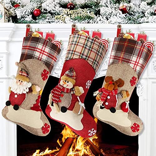 Pecco 3 Pack Christmas Stockings, 18" Large Classic Christmas Stocking with 3D Style Santa Claus, Snowman, Reindeer and Sturdy Hanging Loop for Fireplace Hanging, Christmas and Home Decorations