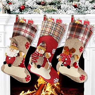 Pecco 3 Pack Christmas Stockings, 18" Large Classic Christmas Stocking with 3D Style Santa Claus, Snowman, Reindeer and Sturdy Hanging Loop for Fireplace Hanging, Christmas and Home Decorations