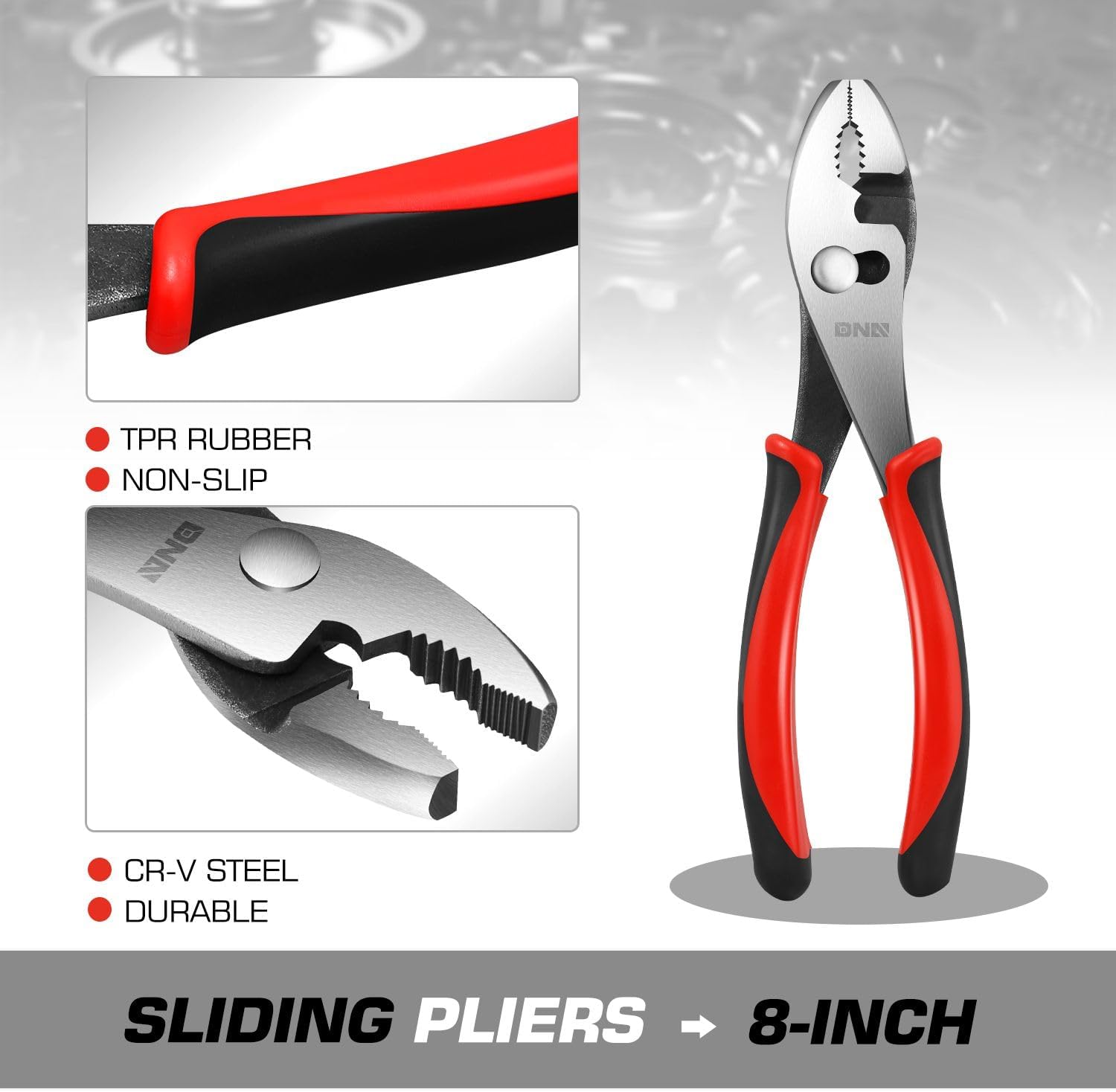 DNA Motoring TOOLS-00069 8 inch Slip Joint Pliers - Durable Jaws Pliers w/Milled Teeth, Rubberized Non-Slip Handle
