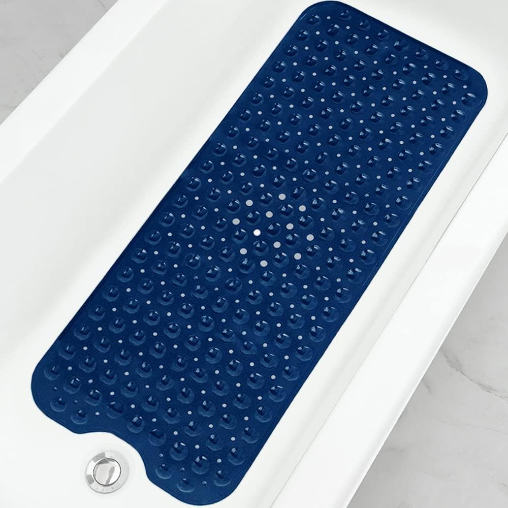 Linoows Bathtub and Shower Mats, Extra Long Non-Slip Bath Tub Mat 39 x 16 Inch, Machine Washable Bathmat with Suction Cups & Drain Holes for Bathroom Floor, Navy Blue