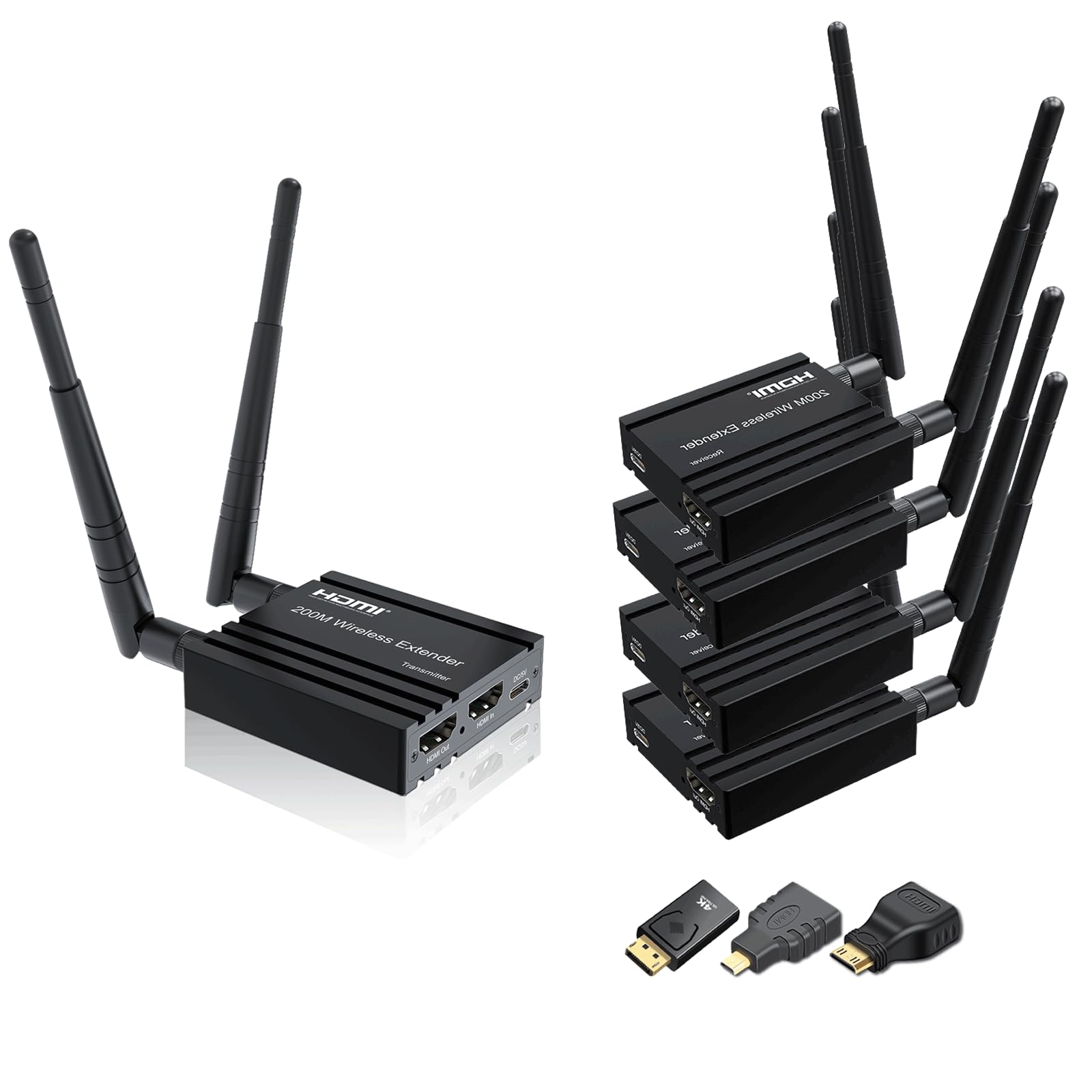 RIJER Wireless HDMI transmitter and Receiver 4k decoding, One Transmitter and four Receivers, Long Range Wireless Transmission 656FT/200M,Plug-Play, 2.4/5.8G for PC/Laptop/TV to Monitor/Projector/HDTV