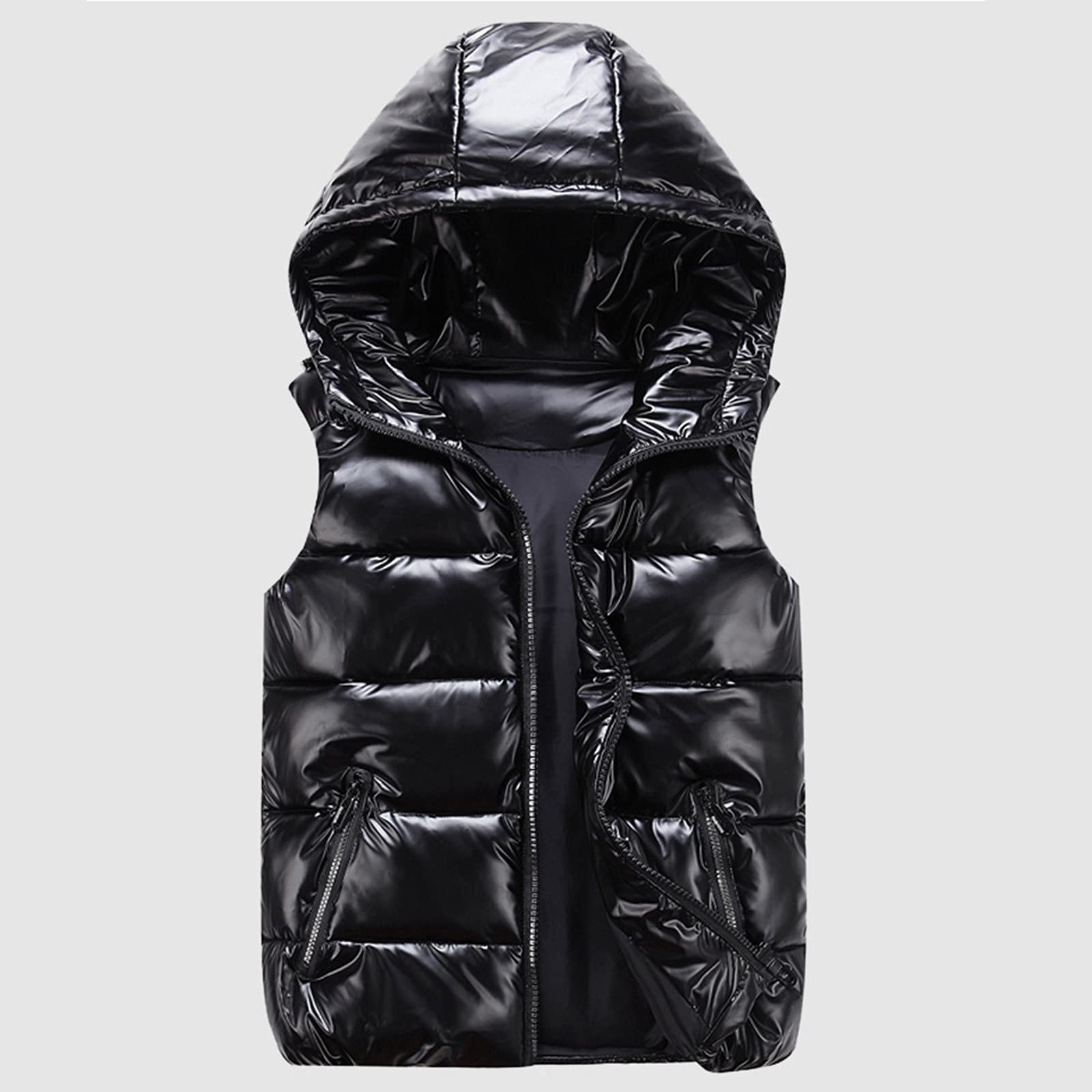 cutecool Chaleco acolchado brillante para mujer - Chaqueta acolchada sin mangas Chaleco monocolor con cremallera Casual Chaqueta con capucha Unisex Chaqueta de invierno capucha