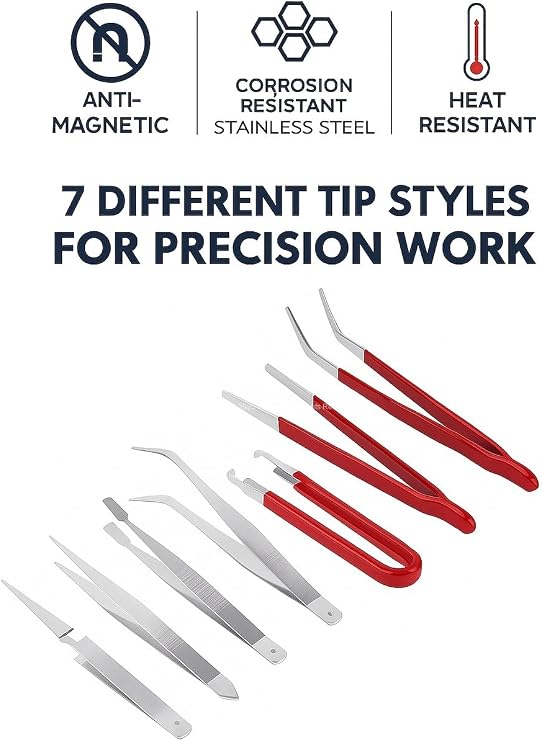 Busstier Repair Tweezers Set, 7 Pieces, Stainless Steel, Antimagnetic and Corrosion Resistant, Professional Tweezers Set for Electronic and Precision Works