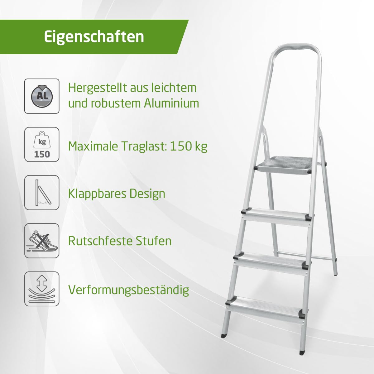 Amig - Teleskopleiter mit 4 Stufen | Aluminium | Maße der kleinen Schritte: 28x8 cm | Maße der großen Stufe: 25x25x28 cm | Heimgebrauch | Maximale Belastung 150 kg