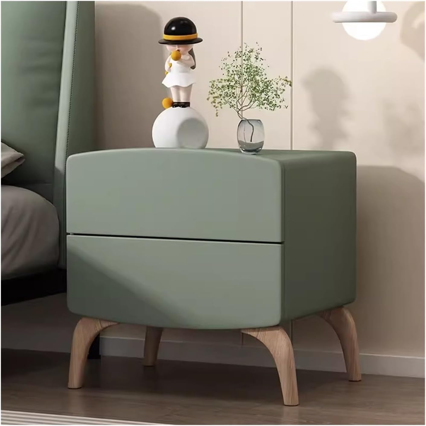 Solid Wood Nightstand - Large Capacity Double Drawer Bedroom, Cream Breeze & Dark Green Bedside Table for Home Storage, Simple Design, Modern Decor