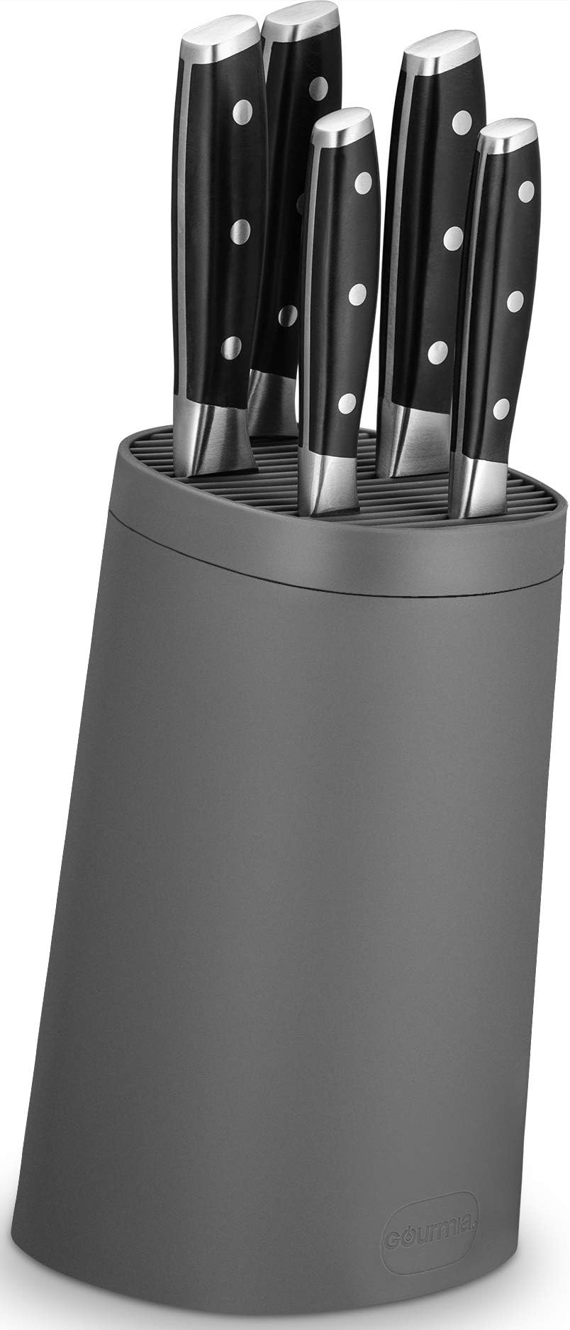 Gourmia GKB9360 Universal Knife Block – Fits Blades up to 8” – Slotted Design With Protective Plastic Sleeve Sheaths, Elegant Sloping Design for Easy Access, Detachable For easy Cleaning