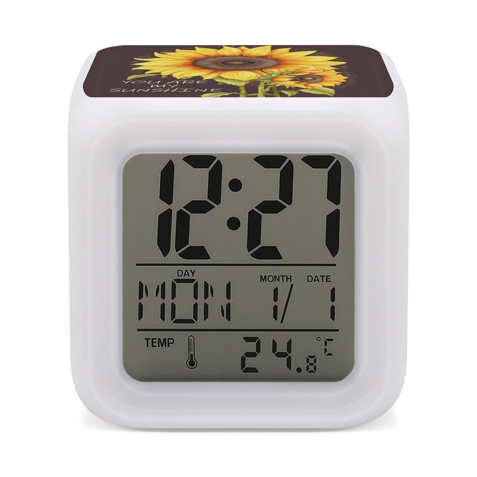FekiLoot You are My Sunshine Sunflower Alarm Clock with 7 Color Changing Night Light,Battery Operated Digital Clocks with Temperature Display Tiny Electric Clock LED Sleep Timer for Room Decor
