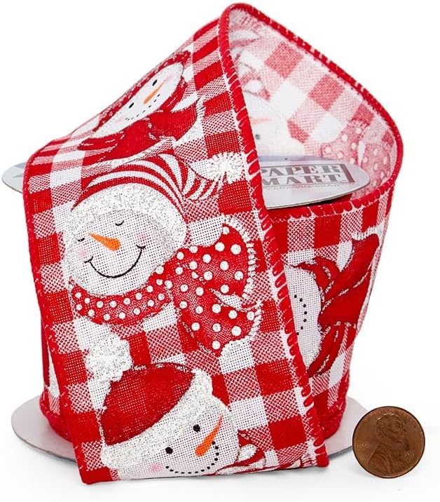 2-1/2 X 10 Yds Snowmen On Gingham Wired Ribbon Christmas