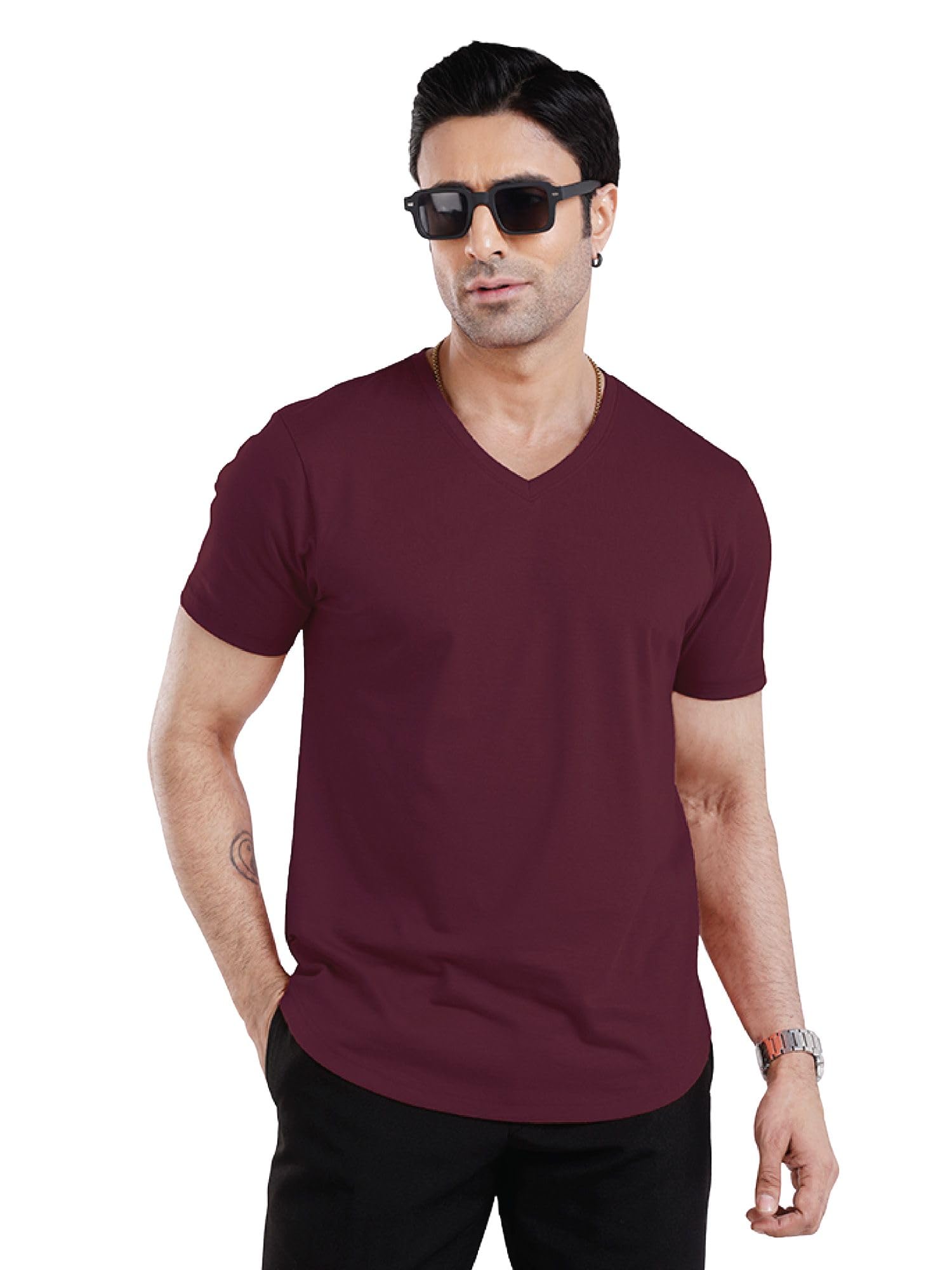 Men's Drop Cut V-Neck Casual T-Shirt | 100% Cotton |Regular Fit |Solid Tee | V-Neck T-Shirt-picture-45
